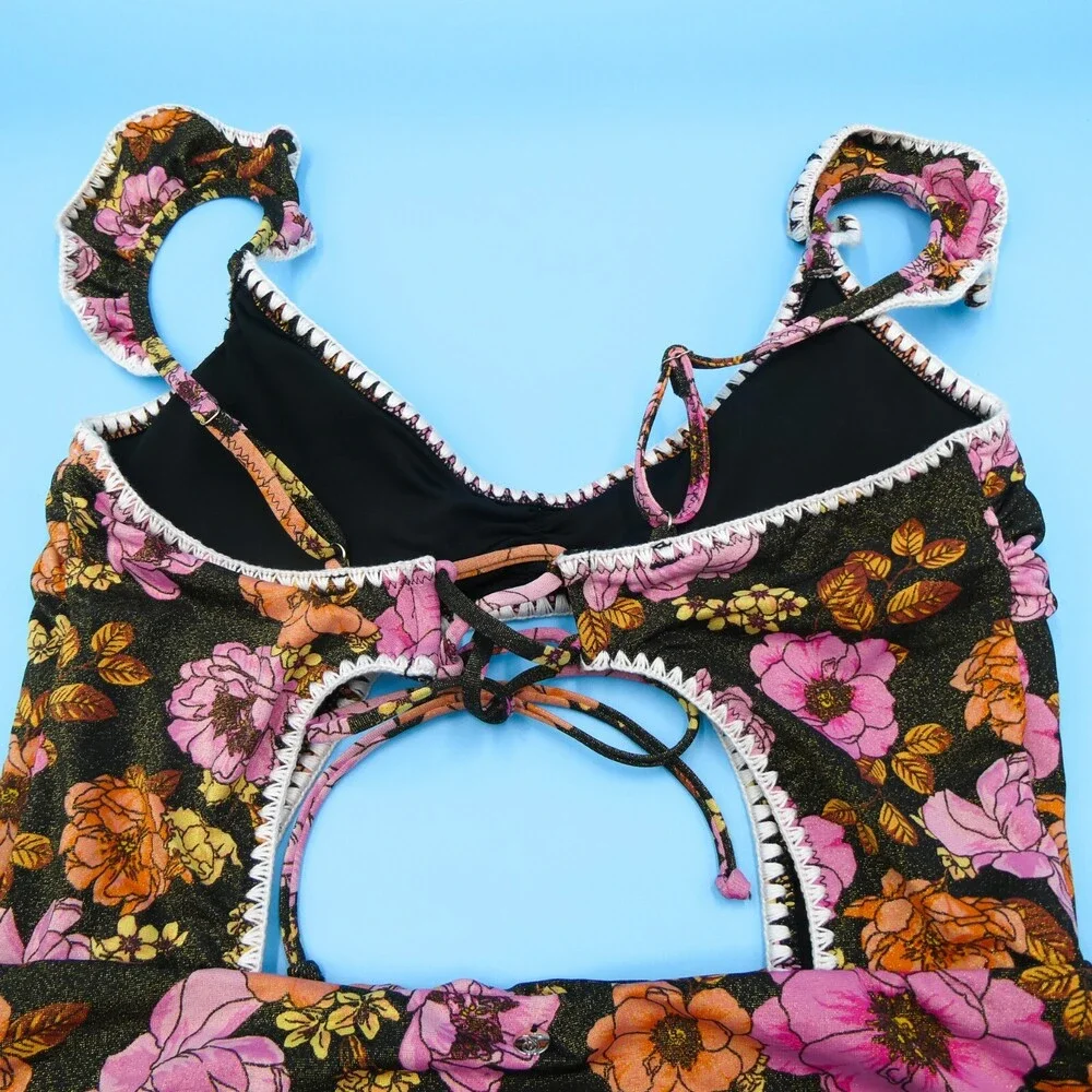 Victorias Secret Medium Black Shimmer Floral Cutout‎ Lace One Piece Swimsuit New